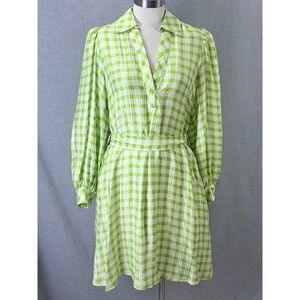 FRNCH Paris Lime Green Gingham Shirt Dress Long Sleeve Tie Waist Spring | S